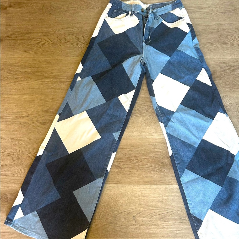Multi Denim Checkered Wide Leg Jeans